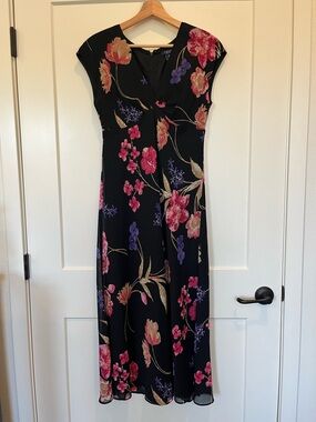 Chaps 90s Midi Dress Floral V-neck Floral Dark Romantic Whimsigoth Babydoll 10